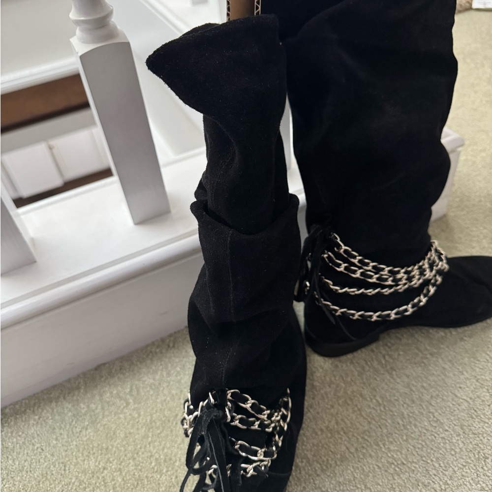 Women’s Colin Stuart Black Suede Chain-Embellished Knee High Women's Boots 8